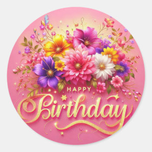 Stunning Floral Birthday Sticker : Pink