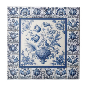 Stunning floral Blue toile de jouy monogram Tile