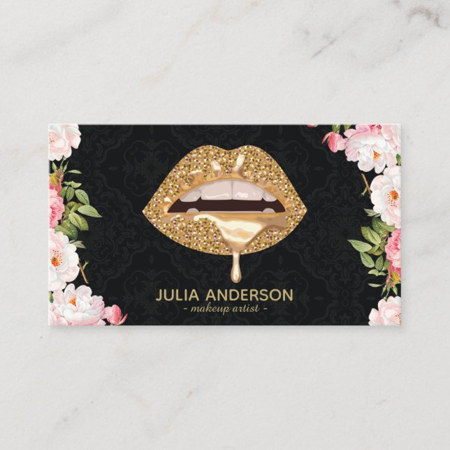 Stunning Floral Damask Gold Lips Makeup Artist Business Card (Front)