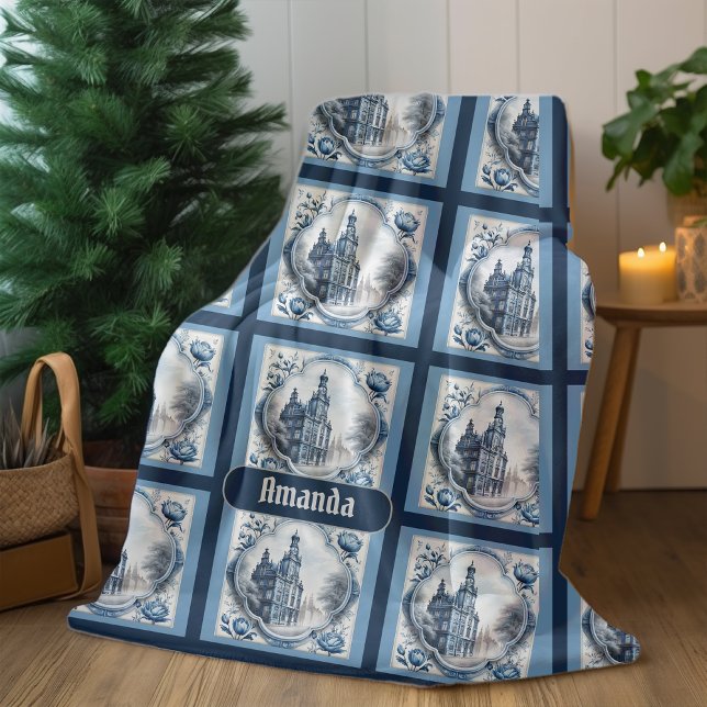 Stunning floral palace chinoiserie toile monogram fleece blanket (Creator Uploaded)