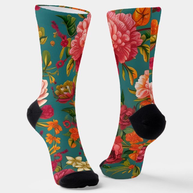 Stunning floral pink green orange and teal socks (Angled)