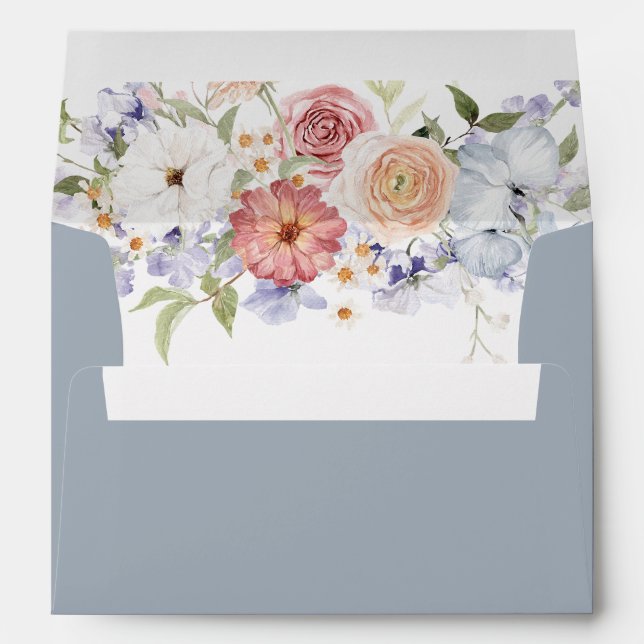 Stunning Floral Watercolor Dusty Blue Wedding Envelope (Back (Bottom))