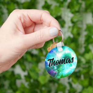 Stunning Galaxy Nebula Green Aqua Blue Custom Name Key Ring