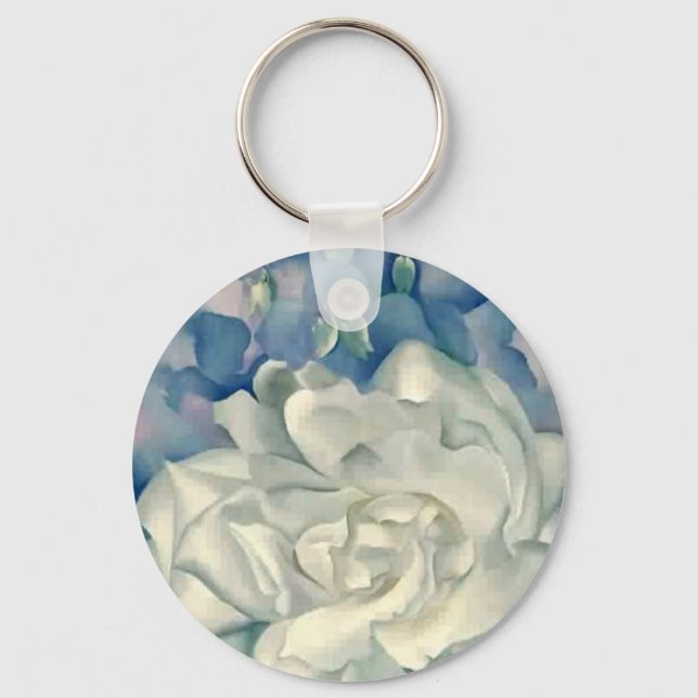Stunning Georgia O'Keefe White Rose and Larkspur Key Ring (Front)