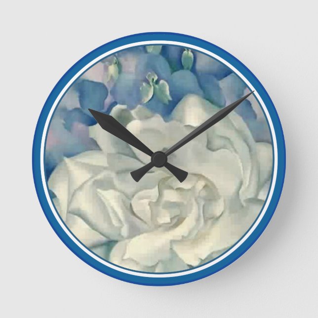 Stunning Georgia O'Keefe White Rose and Larkspur Round Clock (Front)