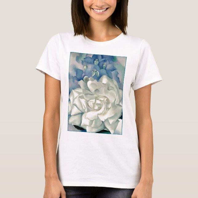 Stunning Georgia O'Keefe White Rose and Larkspur T-Shirt (Front)