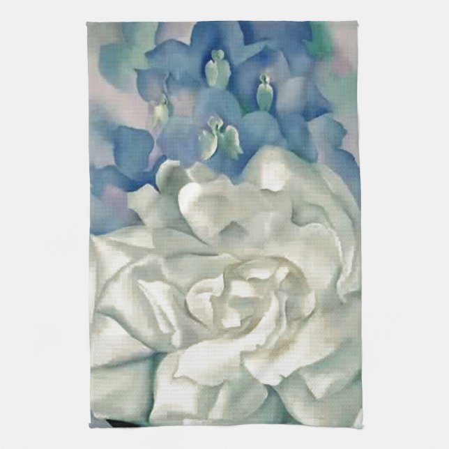 Stunning Georgia O'Keefe White Rose and Larkspur Tea Towel (Vertical)