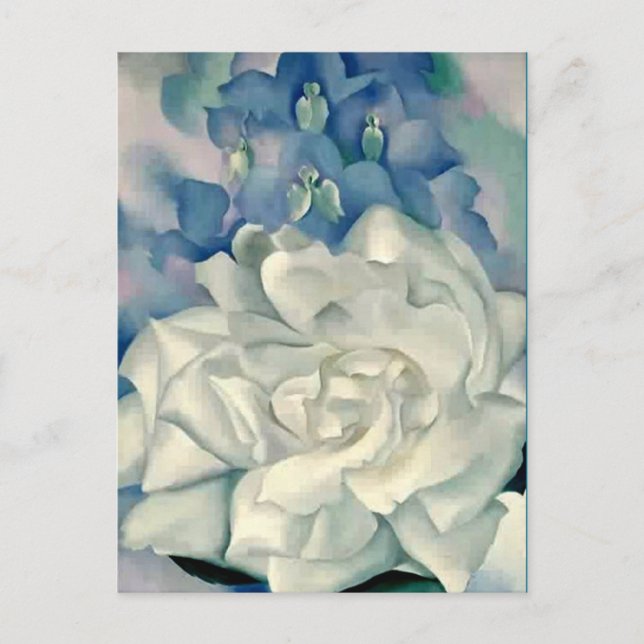 Stunning Georgia O'Keeffe White Rose and Larkspur Postcard (Front)