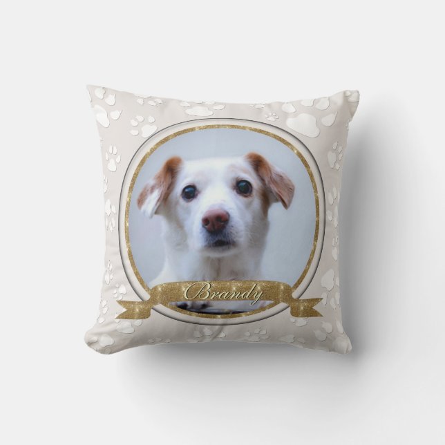 Stunning Gold and Sand Dog Memorial Paw Prints Cushion (Front)