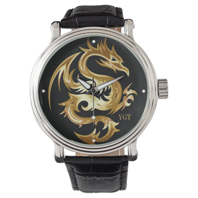 Stunning Gold Dragon Image on Black Watch (Front)