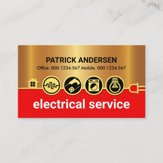 Stunning Gold Electrical Icons Power Line Business Card (Front)