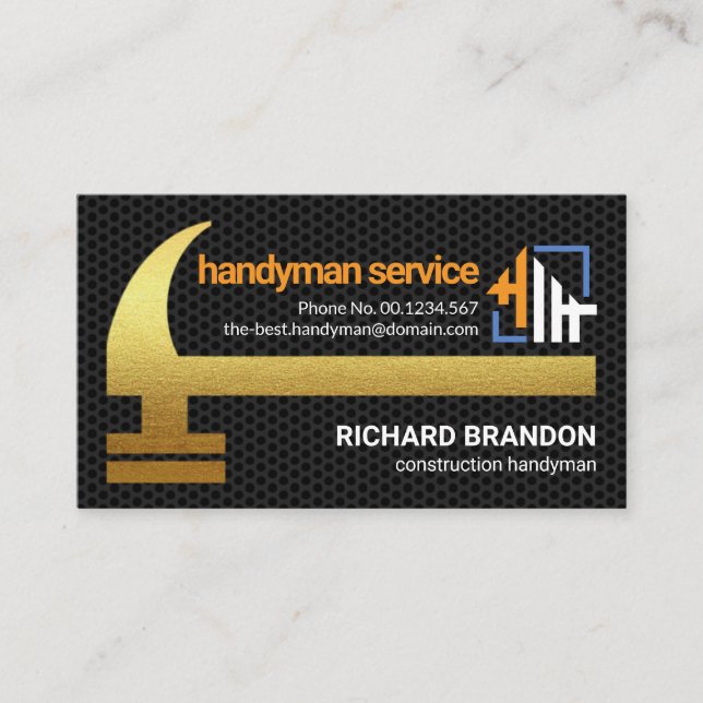 Stunning Gold Hammer Black Wire Mesh Handyman Business Card (Front)