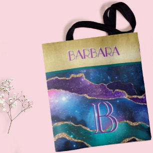 Stunning Gold Purple Teal Monogram Name Tote Bag