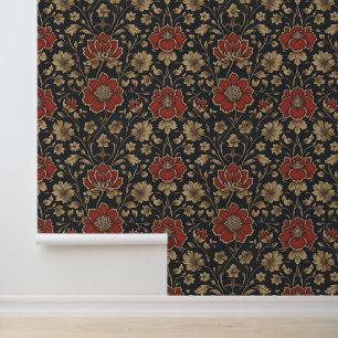 Stunning Gold Red Floral Pattern Peel And Stick Wallpaper