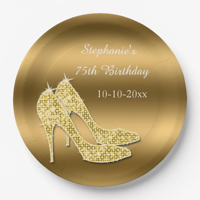 Stunning Gold Sparkly Stilettos Birthday Paper Plate (Front)