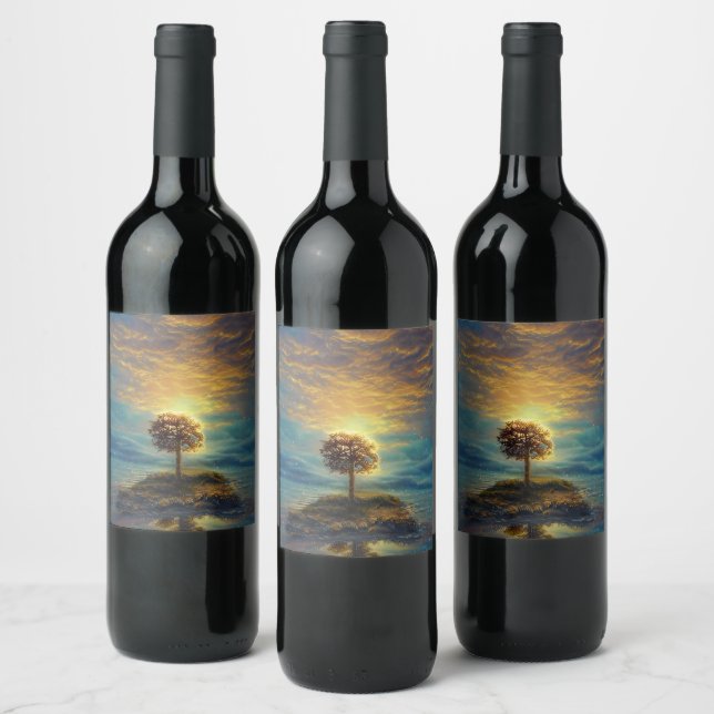 Stunning Golden Sunset Tree Wine Label (Bottles)