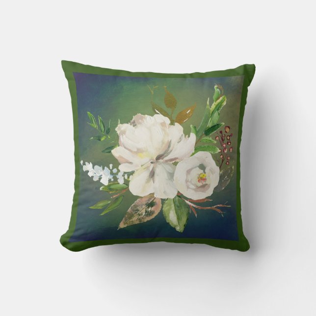 Stunning Green and White Floral Watercolor  Cushion (Front)