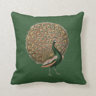 Stunning green & gold vintage art peacock pillow