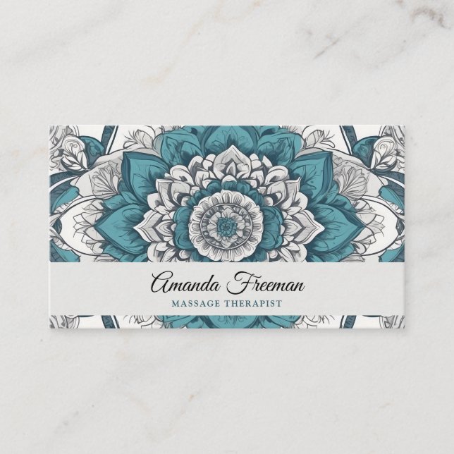 Stunning Grey & Teal Mandala Massage Therapy Business Card (Front)