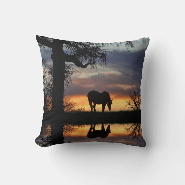 Stunning Horse Reflected in Water Sunset Cushion (Front)