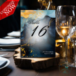 Stunning Indigo Blue and Gold Abstract Table Number<br><div class="desc">Stunning liquid alcohol ink art in shades of indigo blue and gold - reminiscent of sparkling gold sea plants swaying in the deep ocean waters with just enough sunlight to make the golds glisten and the blues sparkle. Translucent misty overlay to highlight text areas. Easy to personalise template .. Original...</div>