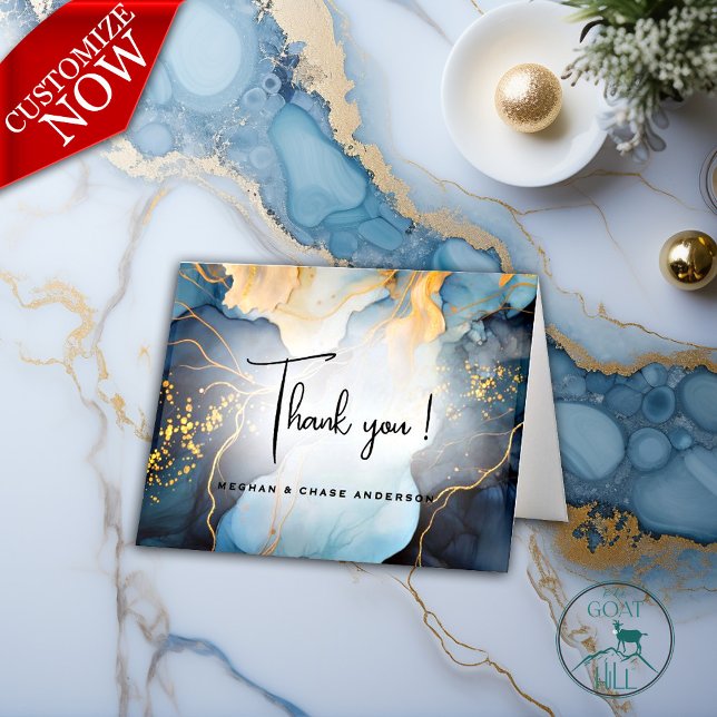 Stunning Indigo Blue and Gold Abstract Thank You Card (Easy to customize template)