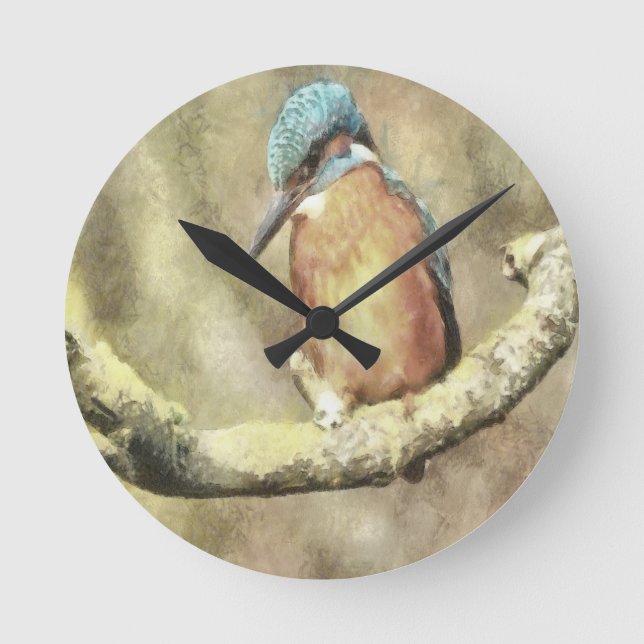 Stunning Kingfisher In Watercolor Round Clock (Front)