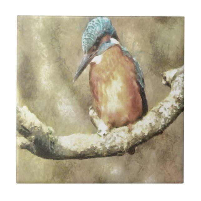 Stunning Kingfisher In Watercolor Tile (Front)