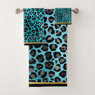 STUNNING LEOPARD AQUA GOLD BATHROOM TOWEL SET