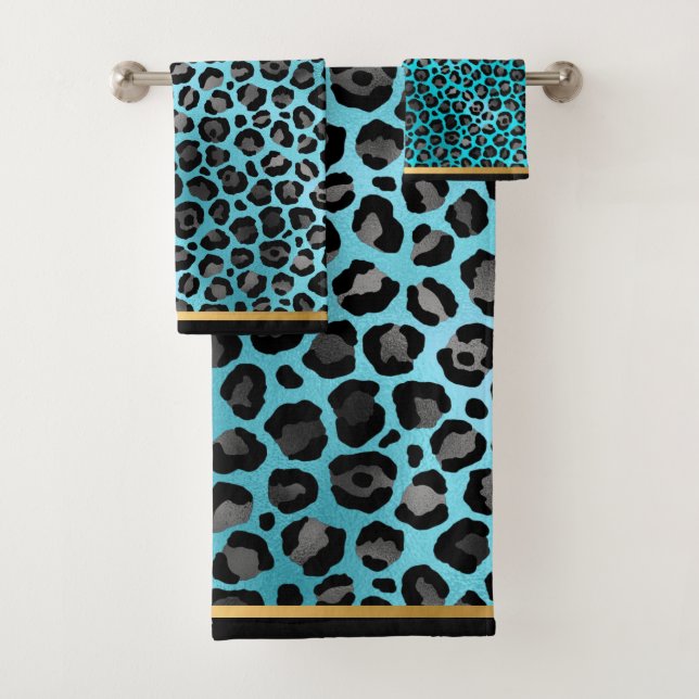 STUNNING LEOPARD AQUA GOLD BATHROOM TOWEL SET (Insitu)
