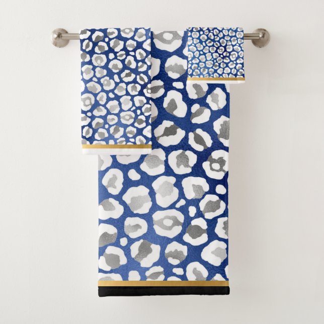 STUNNING LEOPARD BLUE WHITE GOLD BATHROOM TOWEL (Insitu)