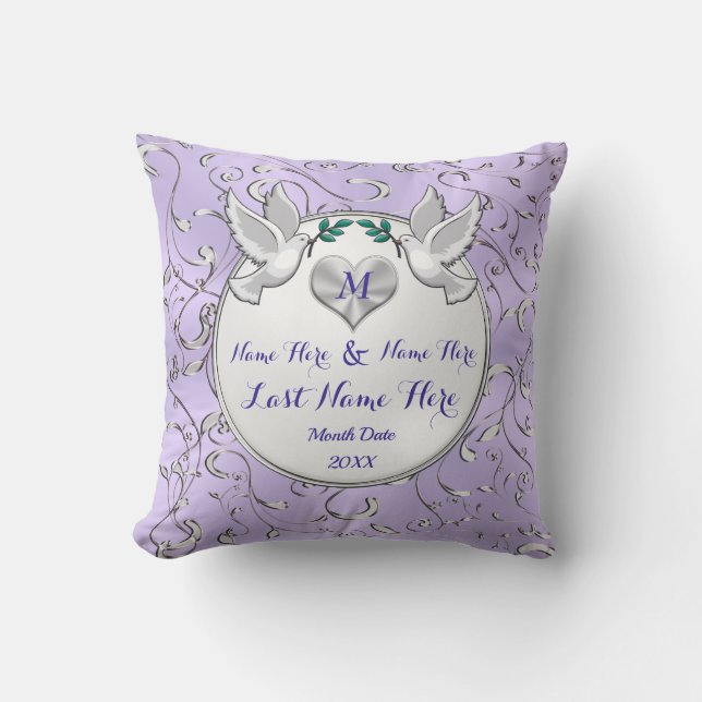 Stunning Lilac, White Personalised Wedding Pillows (Front)