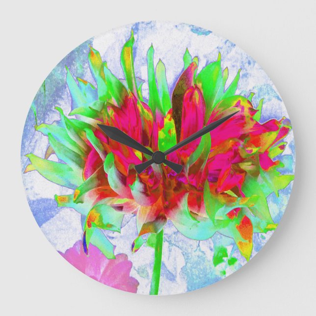 Stunning Lime Green and Red Cactus Dahlia Large Clock (Front)