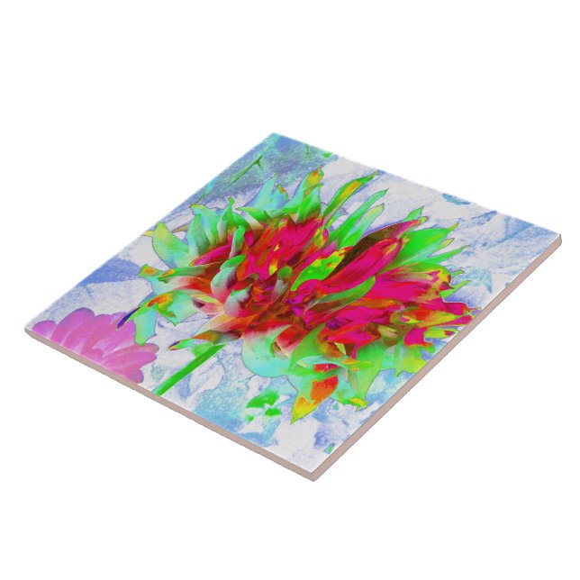 Stunning Lime Green and Red Cactus Dahlia Tile (Side)
