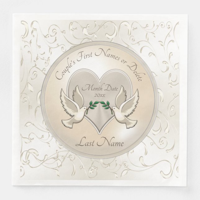 Stunning Love Doves Personalised Wedding Napkins (Front)