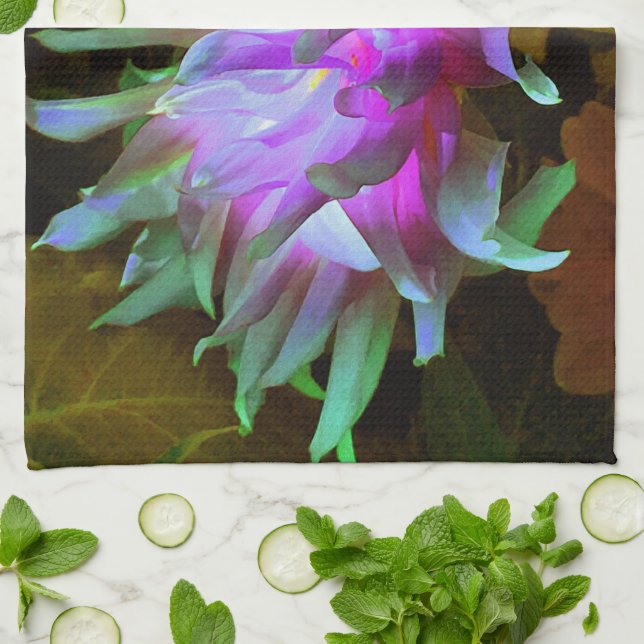 Stunning Magenta and Lime Green Cactus Dahlia Tea Towel (Folded)
