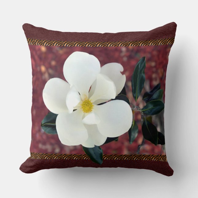 Stunning Magnolia Pillow with Burgundy Accents (Front)