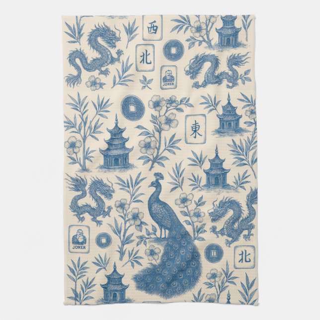 Stunning Mahjong Toile Kitchen Towel (Vertical)