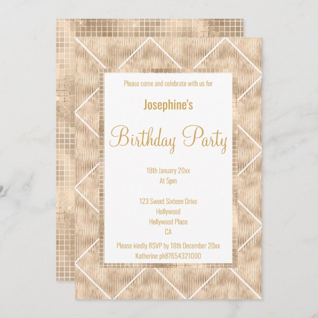 STUNNING METALLIC CHAMPAGNE & GOLD CUSTOM BIRTHDAY INVITATION (Front/Back)