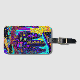 Stunning Mosaic Stained Glass Neon Cyberpunk City Luggage Tag