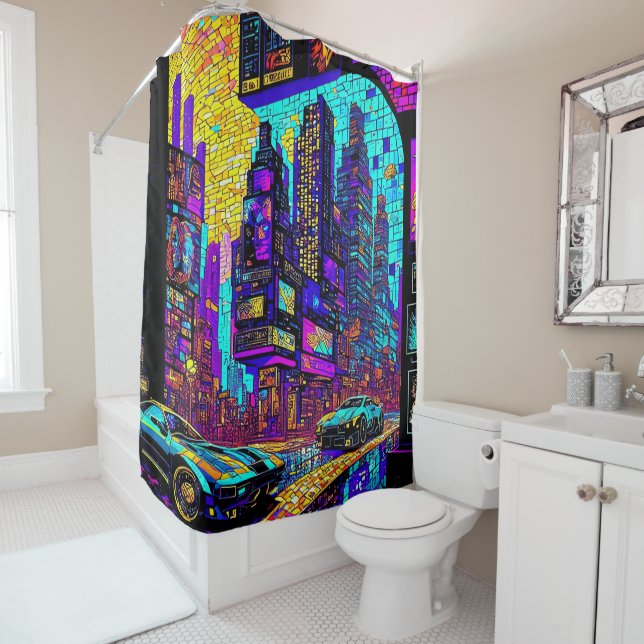 Stunning Mosaic Stained Glass Neon Cyberpunk City Shower Curtain (In Situ)