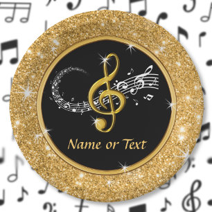 Stunning Music Note Paper Plates, Black and Gold Paper Plate