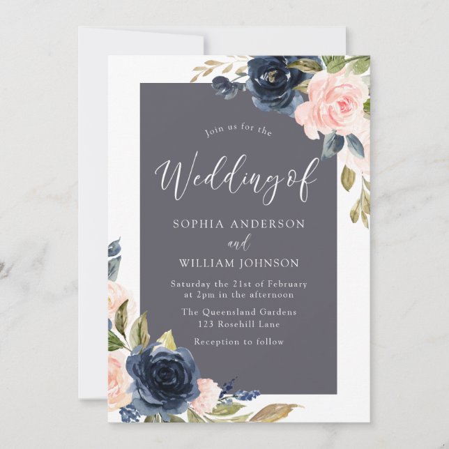 Stunning Navy & Blush Floral Elegant Wedding Invitation (Front)