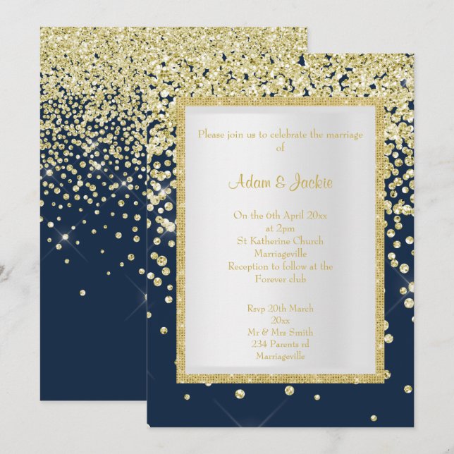STUNNING NAVY GOLD SPARKLE WEDDING CUSTOM INVITATION (Front/Back)