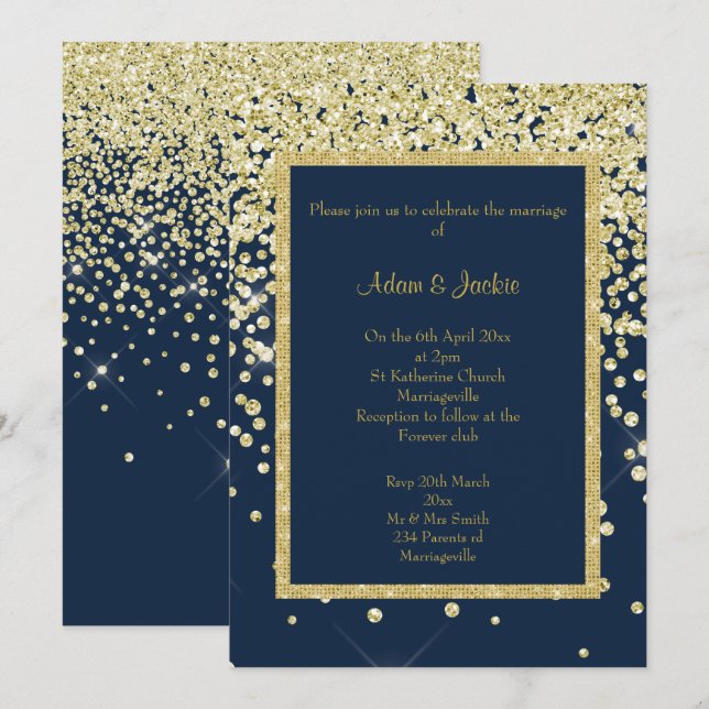 STUNNING NAVY GOLD SPARKLE WEDDING CUSTOM INVITATION (Front/Back)