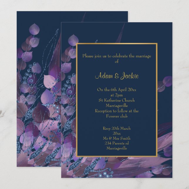 STUNNING NAVY PURPLE EUCALYPTUS WEDDING CUSTOM  INVITATION (Front/Back)