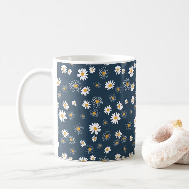 Stunning Navy Yellow White Classic Daisy Flowers Coffee Mug (With Donut)