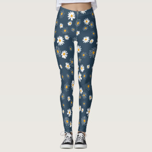 Stunning Navy Yellow White Classic Daisy Flowers Leggings