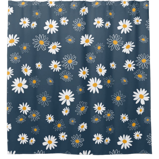 Stunning Navy Yellow White Classic Daisy Flowers Shower Curtain (Front)