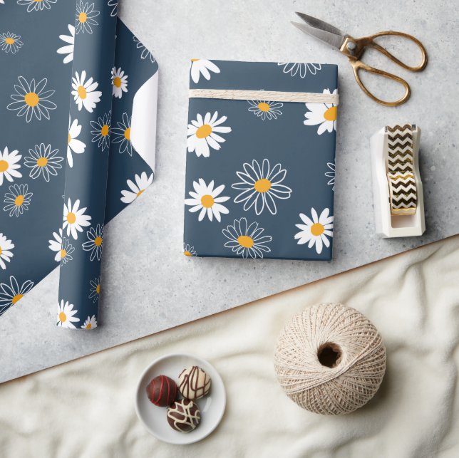 Stunning Navy Yellow White Classic Daisy Flowers Wrapping Paper (Crafts)